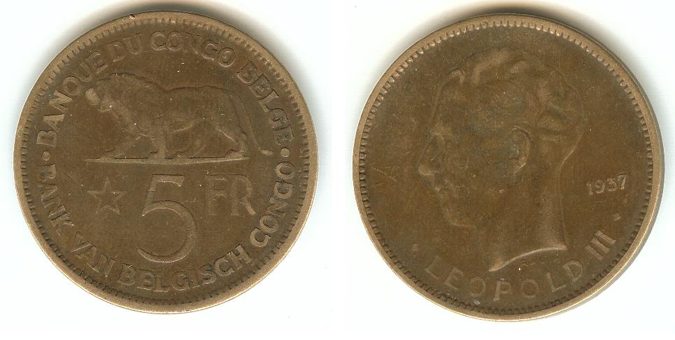 Begium Congo 5 Francs 1937 VF